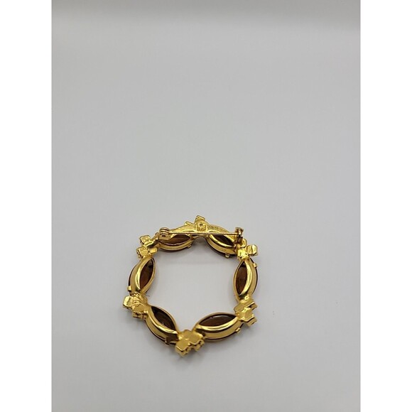 Vintage Brooch Pin Round Gold Tone Brown Yellow Crystals Jewelry Costume - Picture 10 of 13